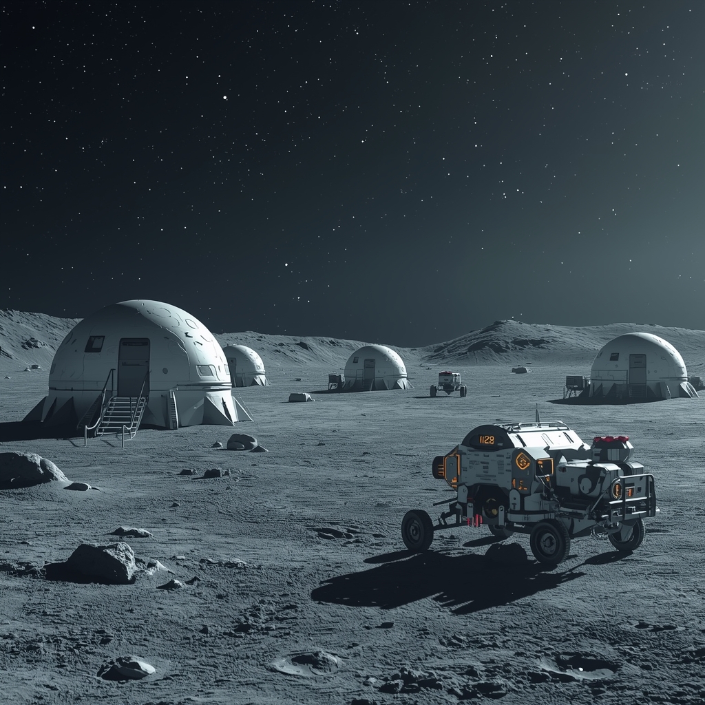 Futuristic lunar colony with dome structures and rovers on the moon surface, starry background, high tech, no woman